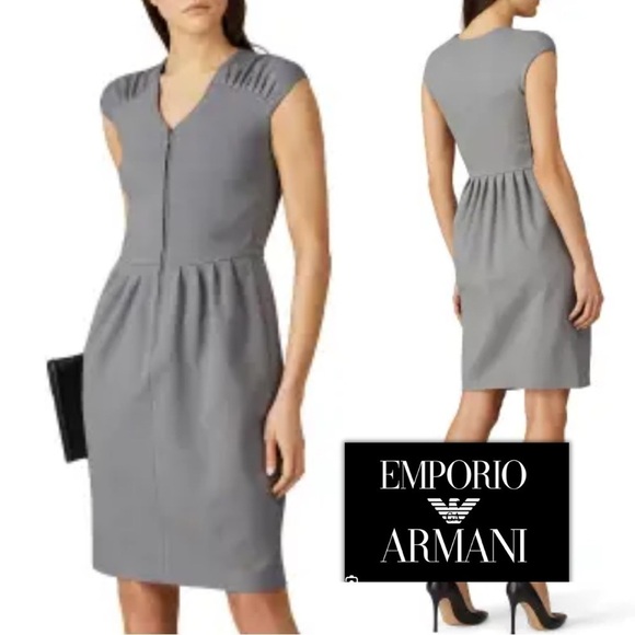 Emporio Armani Gray Cap Sleeve V-Neck Dress IT 38 US 2 Small pleated stretch new - Picture 2 of 16